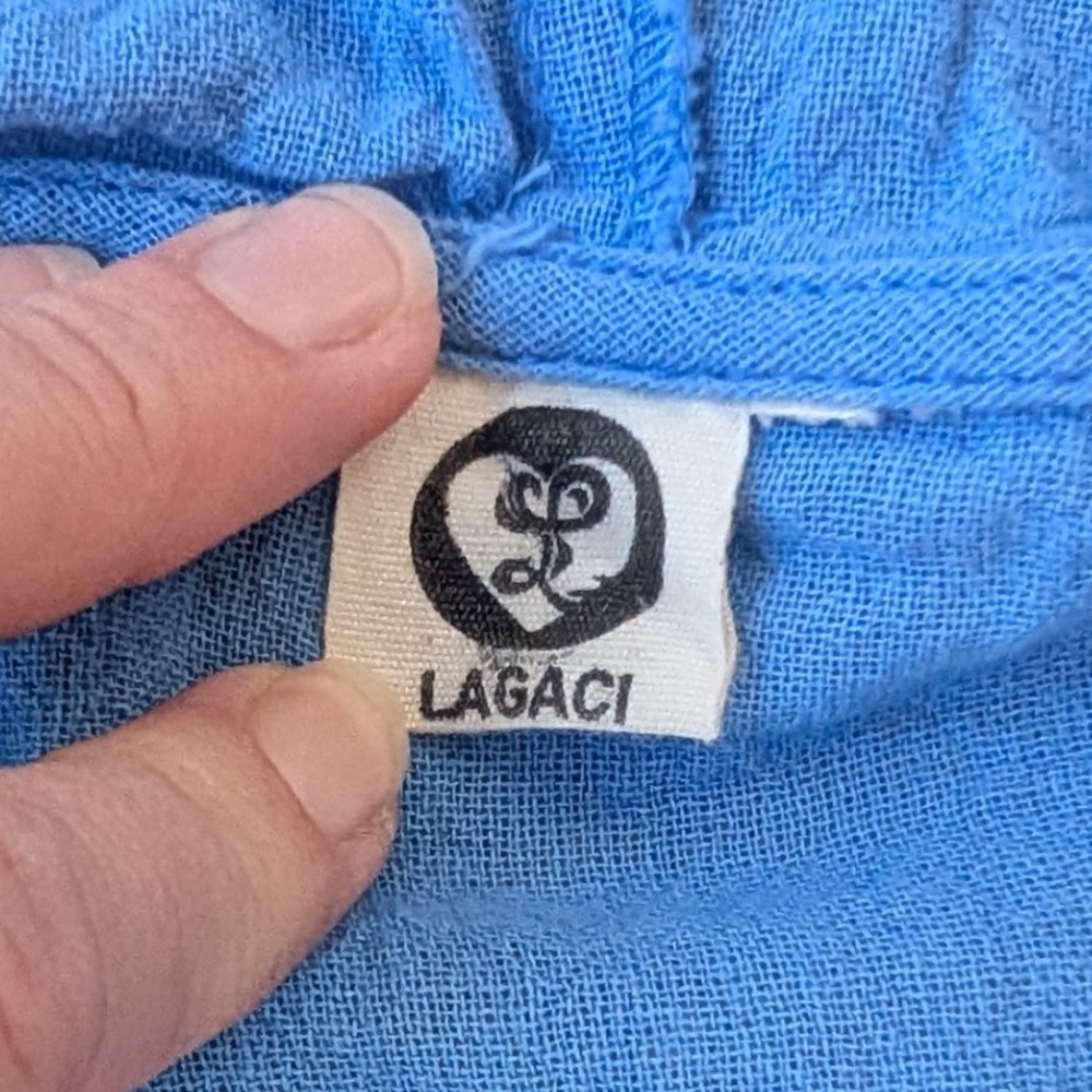 LAGACI Blue Cotton Gauze Lace Up Hoodie Tunic Top XL TG Striped Hem Casual Beach - Picture 3 of 7